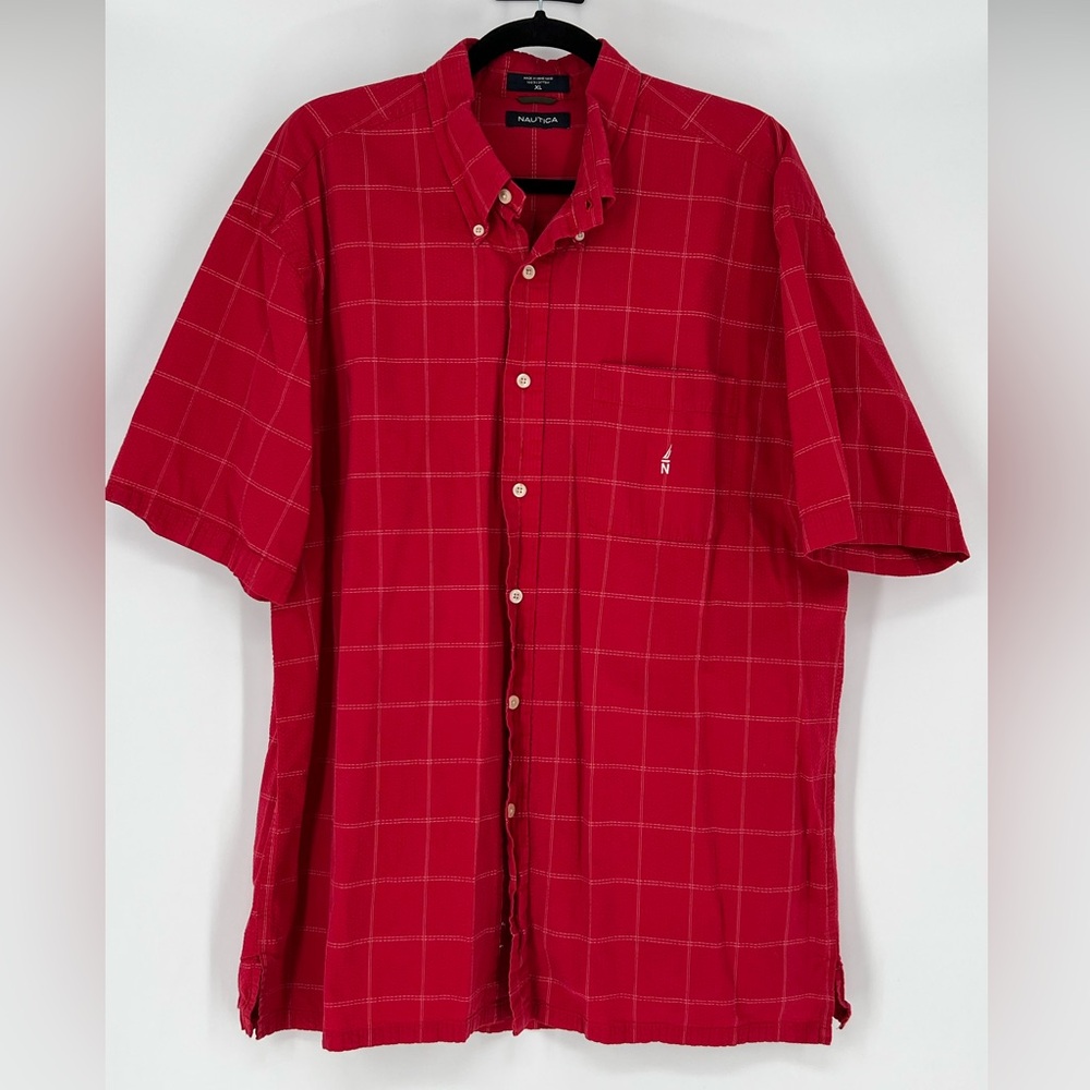 Nautica men's red checkered short-sleeve button-down shirt
